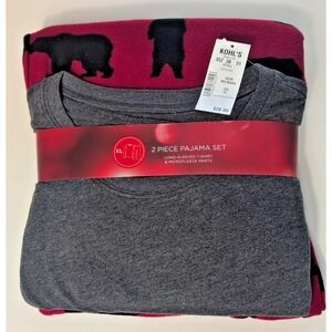 Mens Pajama Set Microfleece Pants Gray Red Bears Long Sleeve Tee Shirt‎ XL NWT